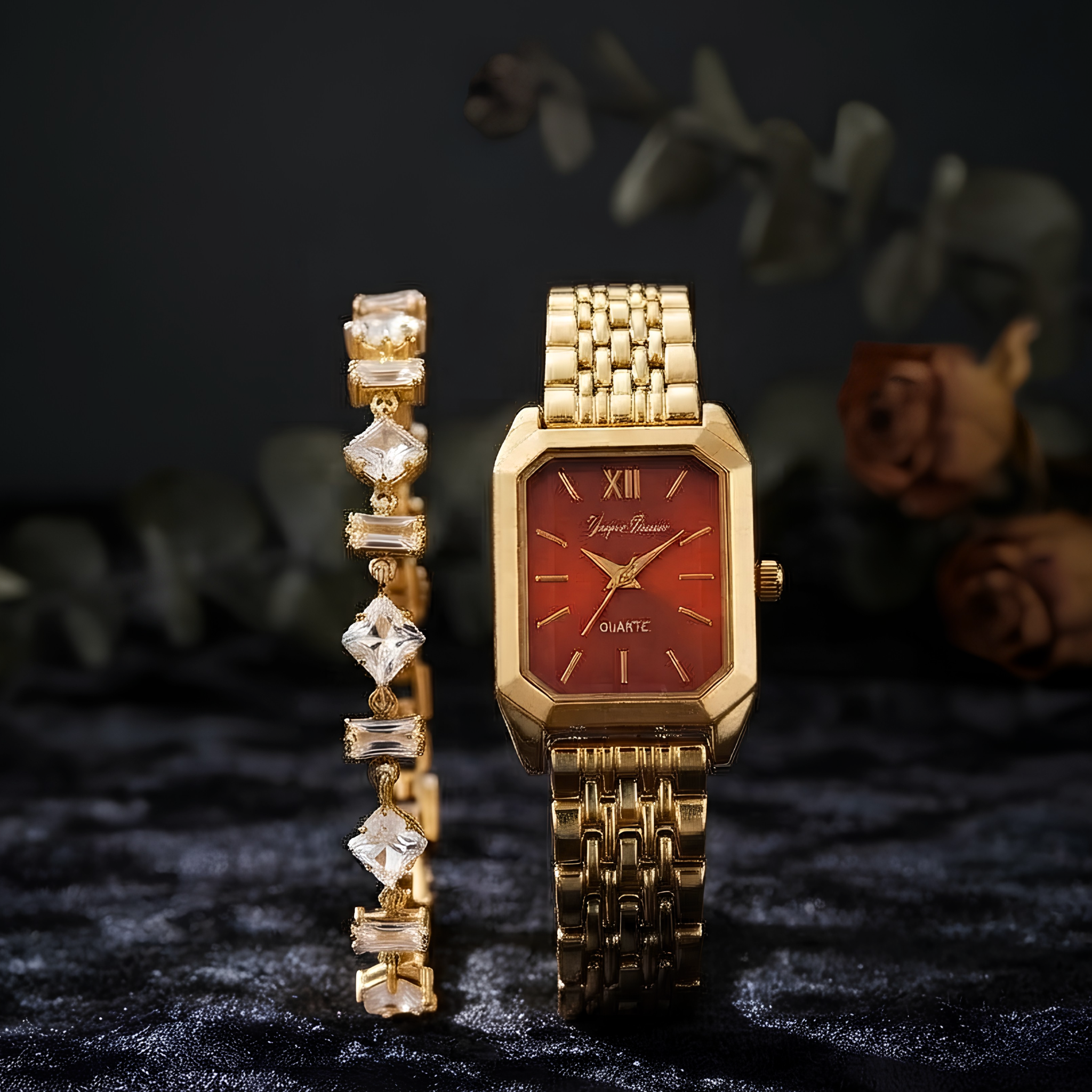 Interstellar Golden Hour Vintage Watch & Diamond-Cut Bracelet Set | 18K Gold-Plated Luxury Combo