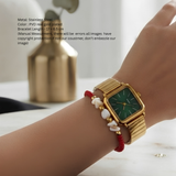 Interstellar Emerald Square Watch & Ruby Red Beaded Bracelet Stack | Luxury Anti-Tarnish Combo