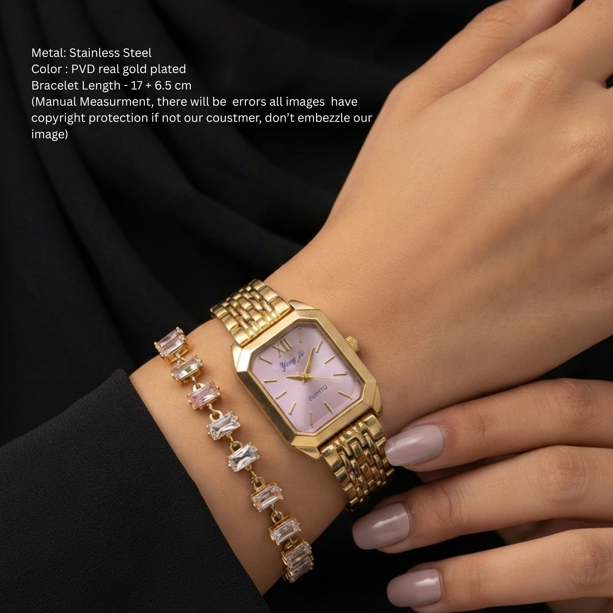 Gilded Grace Rectangular Dial Watch & Baguette Crystal Tennis Bracelet Set