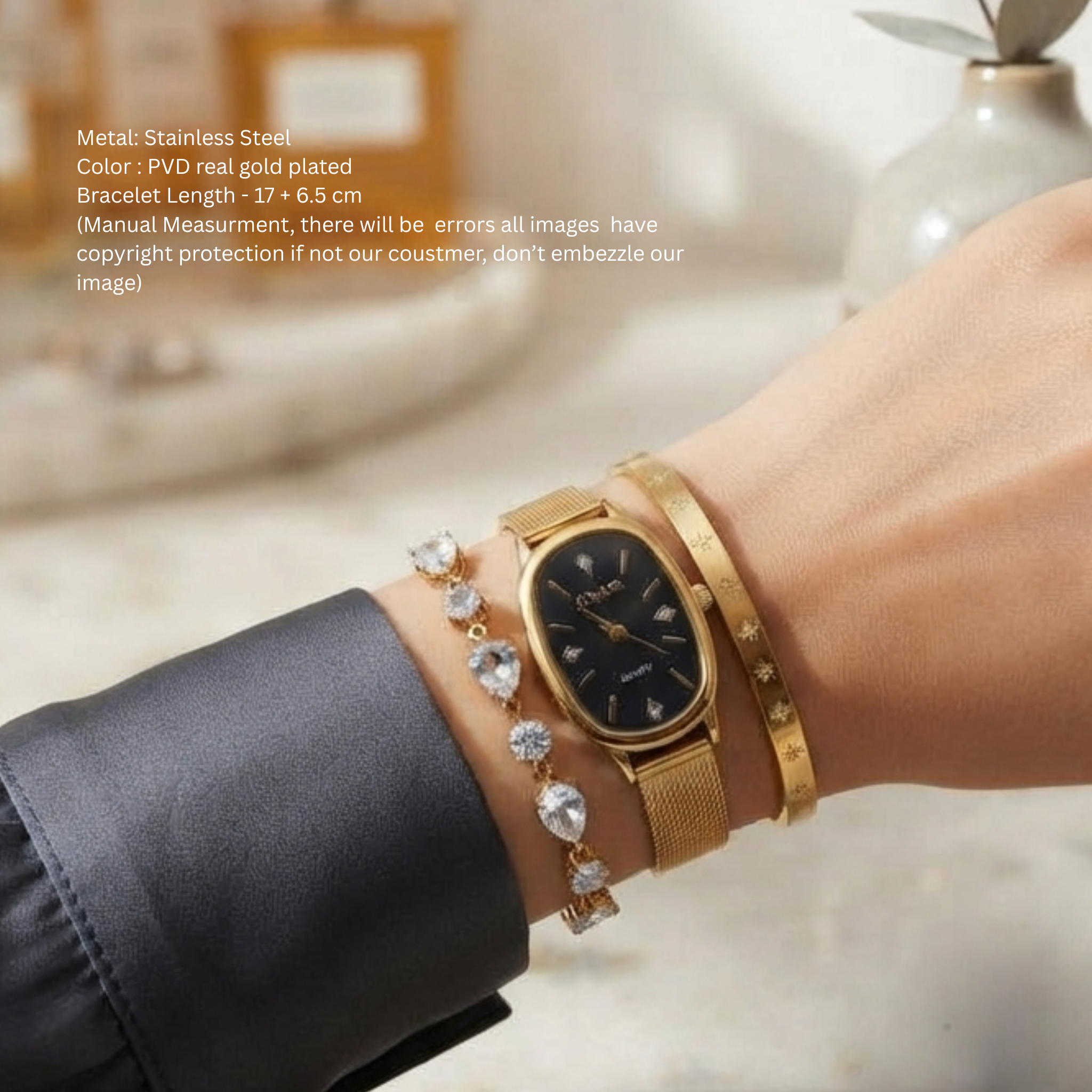 Elegance in Gold: Luxury Watch & Star-Patterned Bangle Stack with Diamond Bracelet