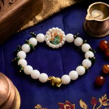 Sacred Elephant & Emerald-Beaded Pearl Rakhi Bracelet – Devotional Guru Commemorative Wristband