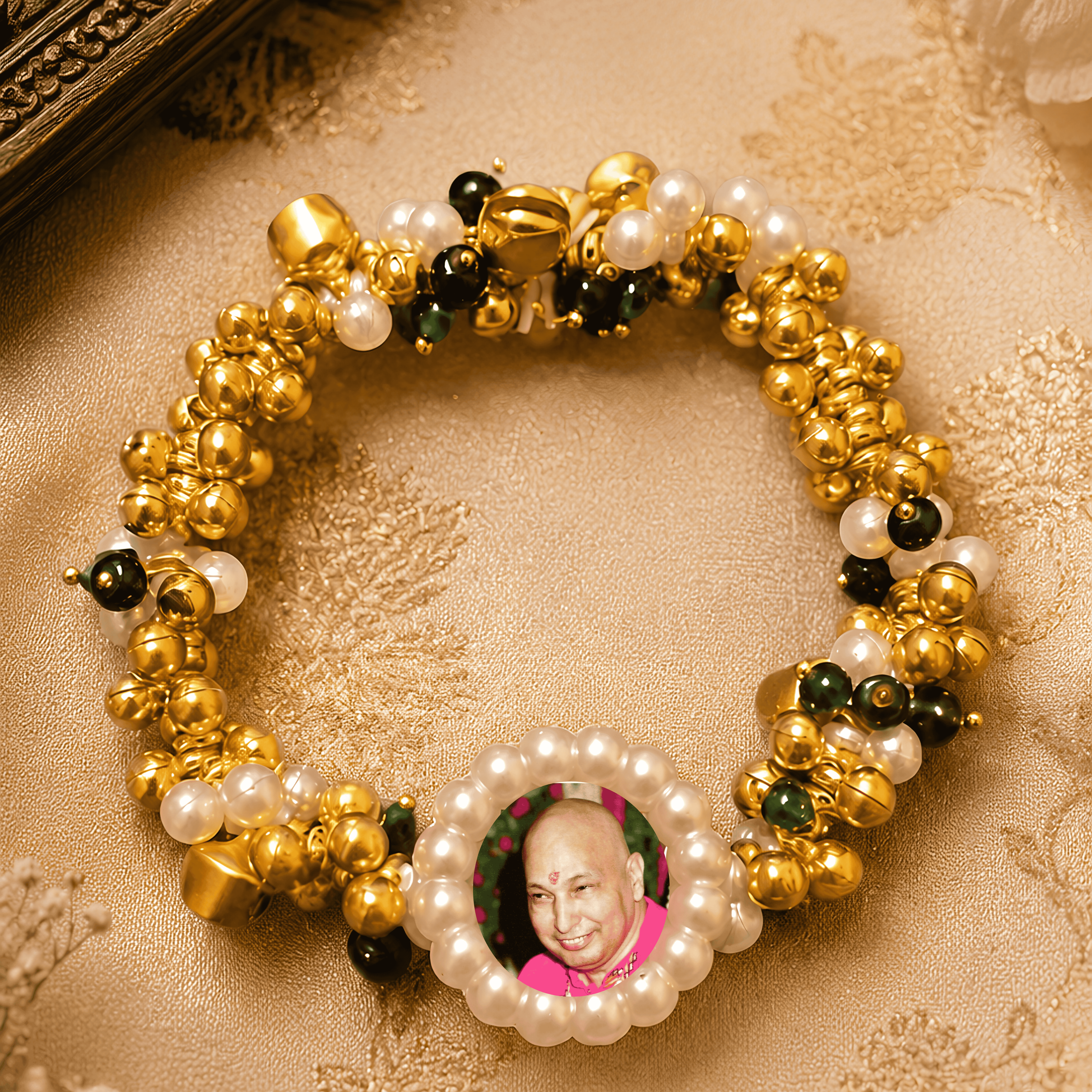Divine Blessings Beaded Bracelet – Traditional Gold & Pearl bracelet with Spiritual Centerpiece