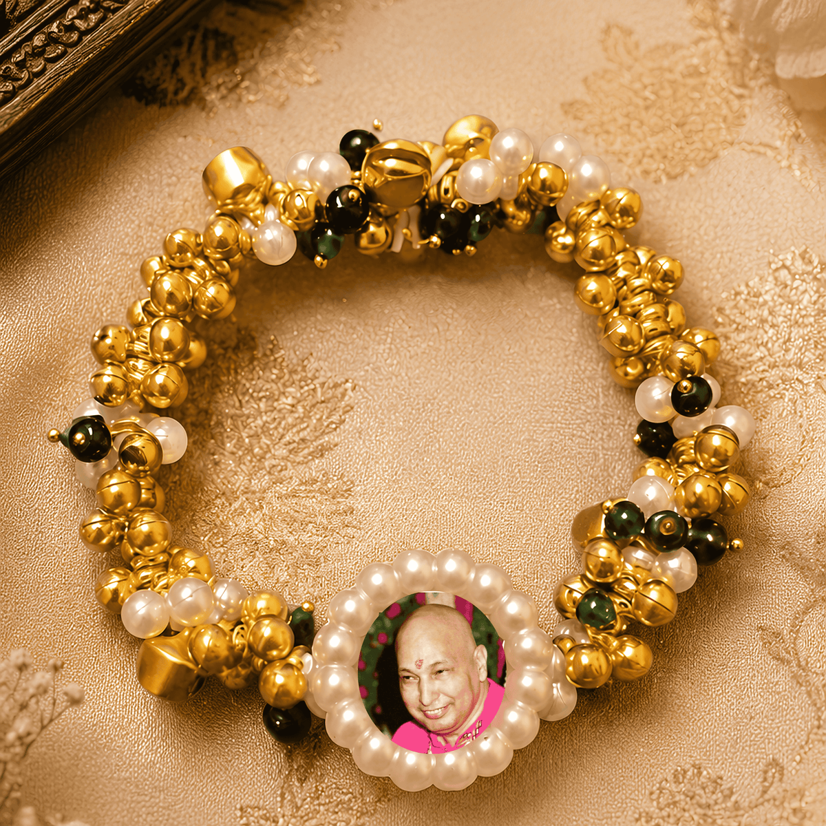 Divine Blessings Beaded Bracelet – Traditional Gold & Pearl bracelet with Spiritual Centerpiece
