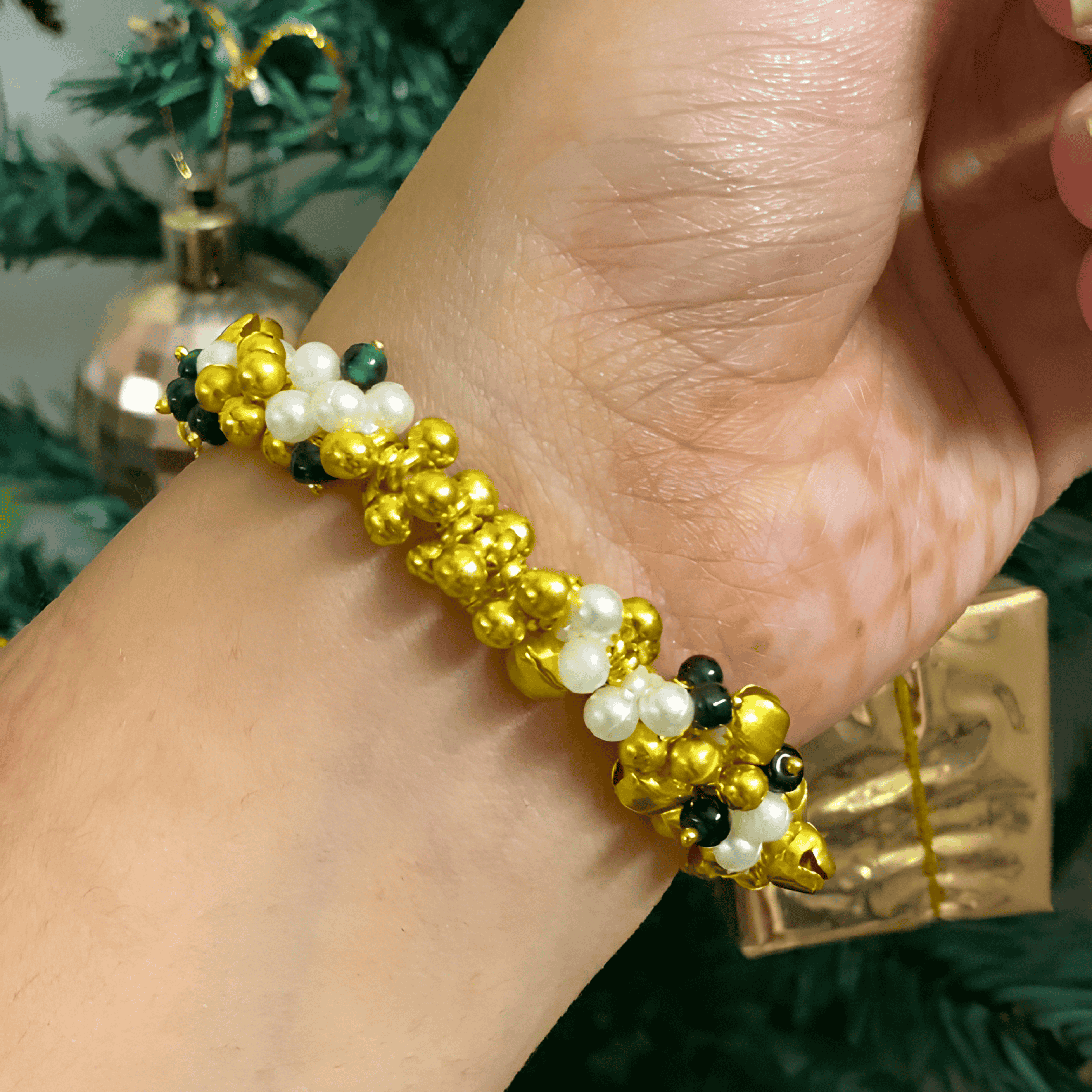 Divine Blessings Beaded Bracelet – Traditional Gold & Pearl bracelet with Spiritual Centerpiece
