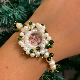 Serene Pearl & Emerald Devotional Bracelet – Elegant White Beaded Spiritual Guruji Blessing