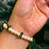Serene Pearl & Emerald Devotional Bracelet – Elegant White Beaded Spiritual Guruji Blessing
