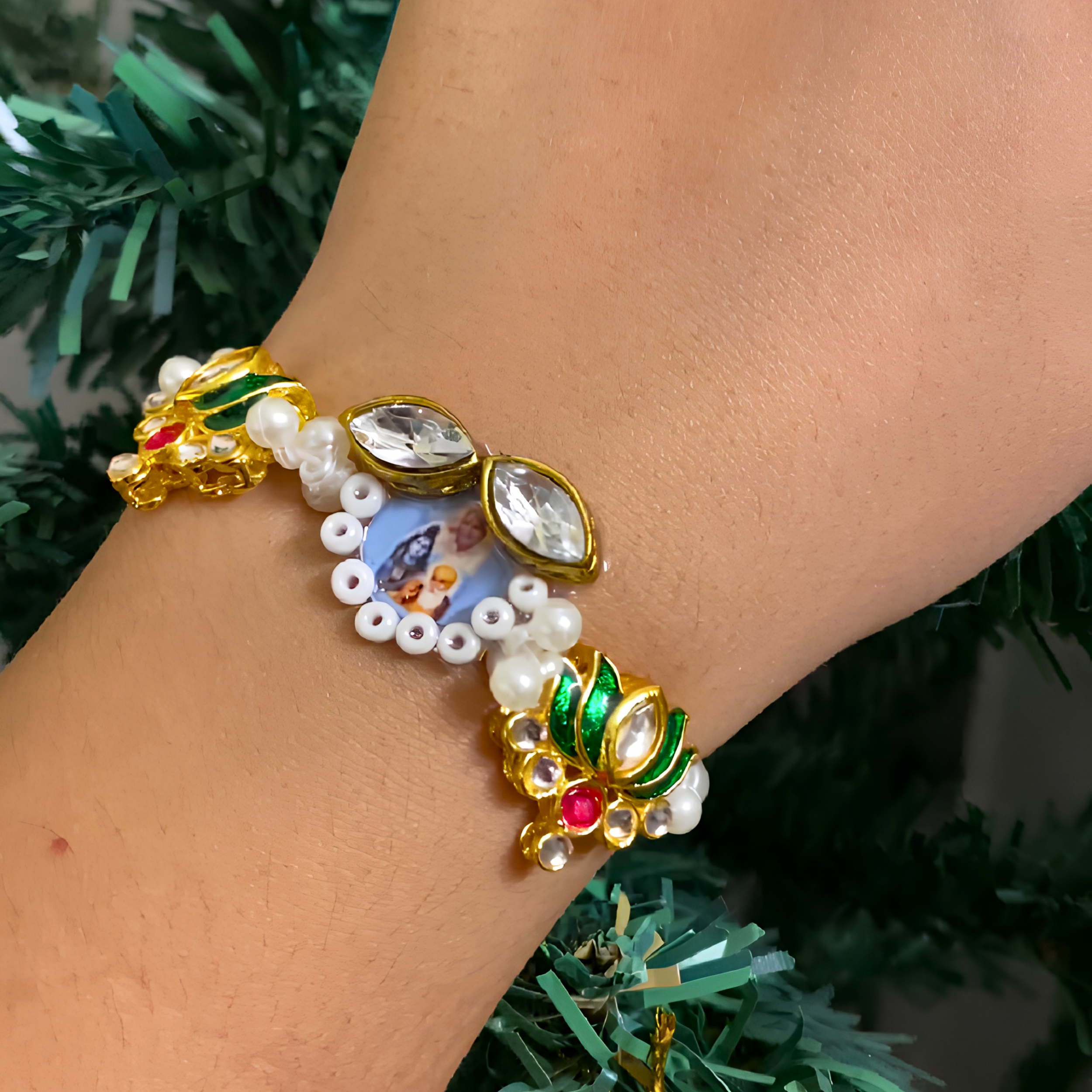 Sacred Trimurti & Lotus Motif Pearl Beaded Spiritual Bracelet