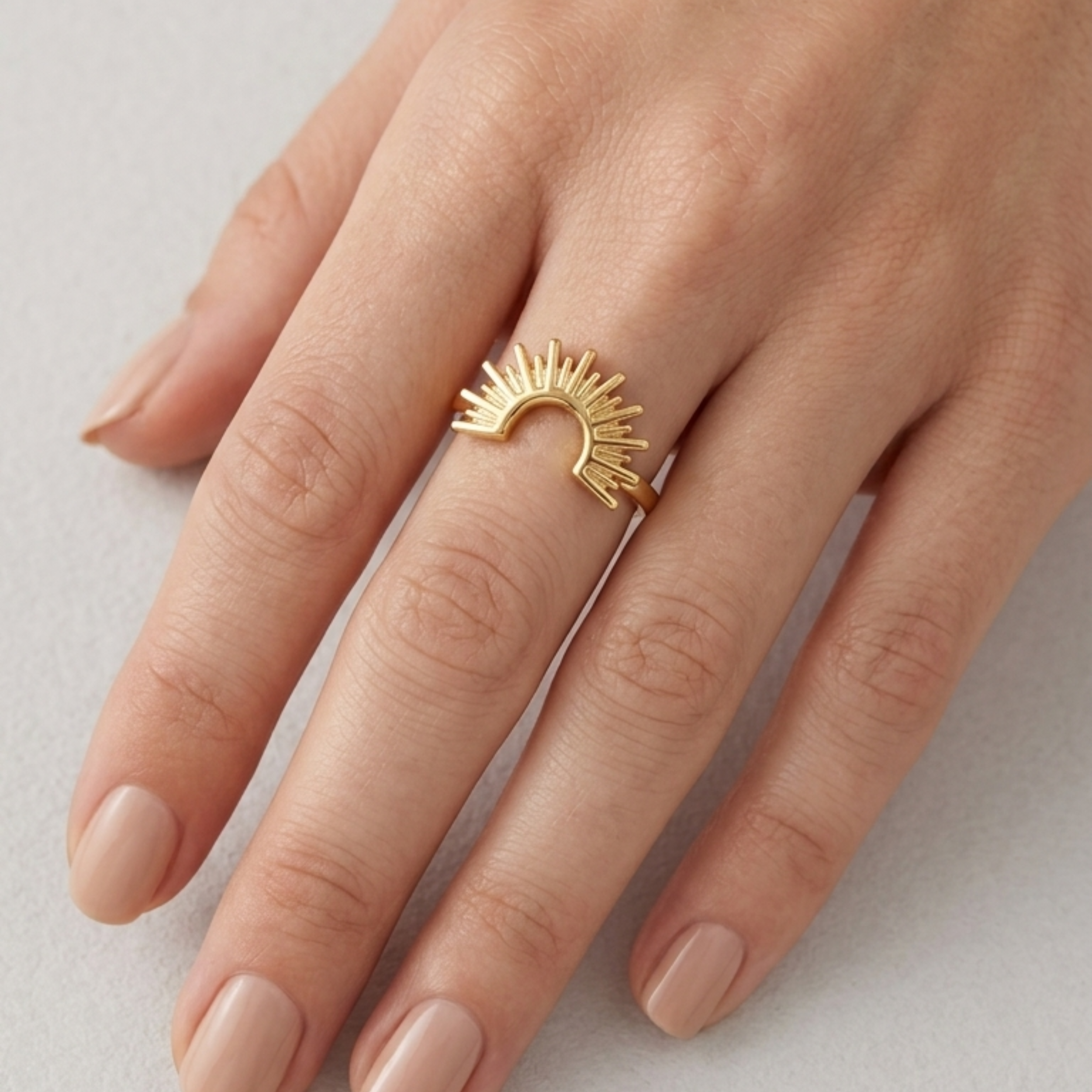 The Solis Crest Ring – 18K Gold-Plated Sunburst Arch Statement Ring