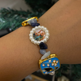 Devotional Guruji Photo Pearl Bracelet – Meenakari Peacock & Gemstone Stretch Bracelet