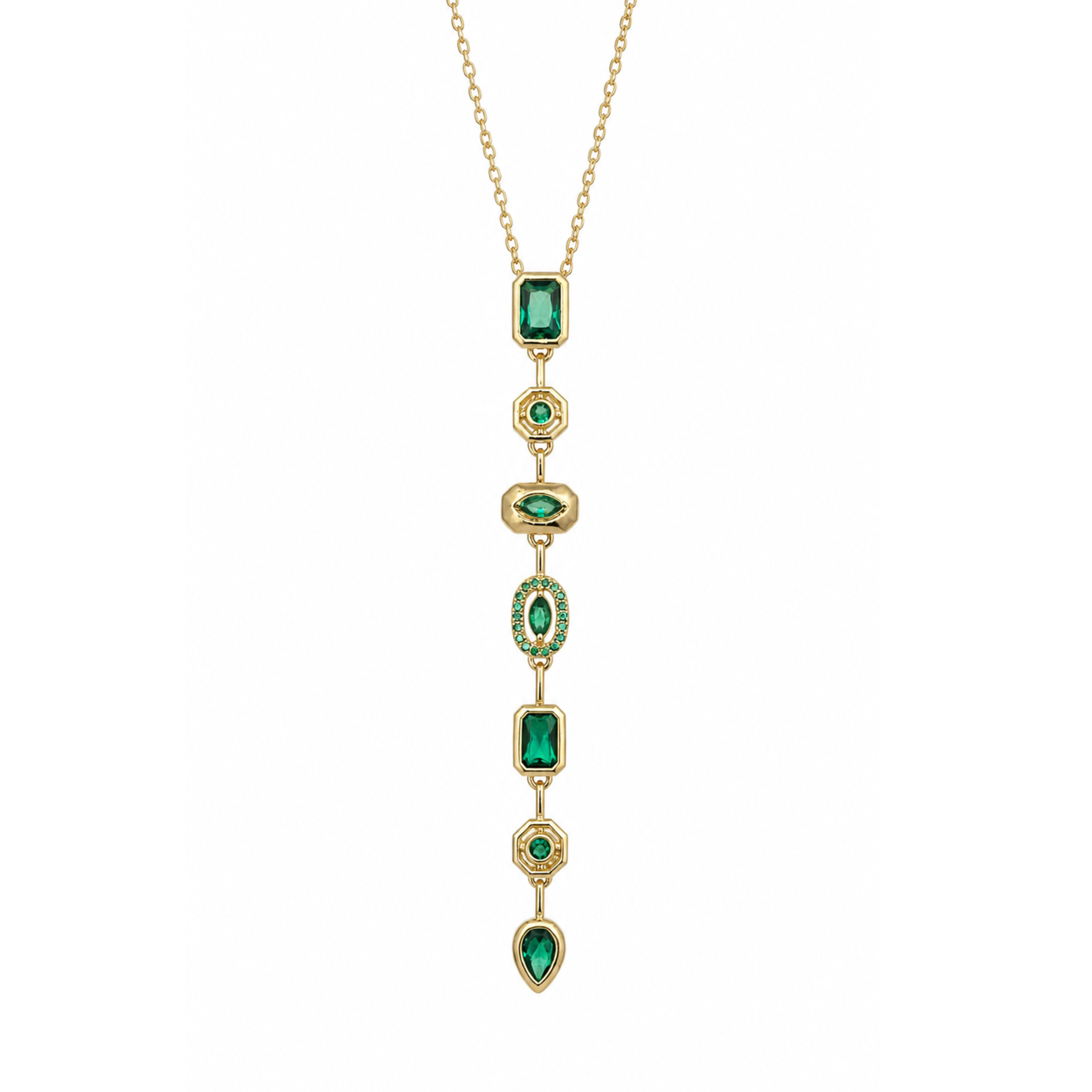 Emerald Elegance: Gold-Plated Asymmetrical Drop Pendant Necklace