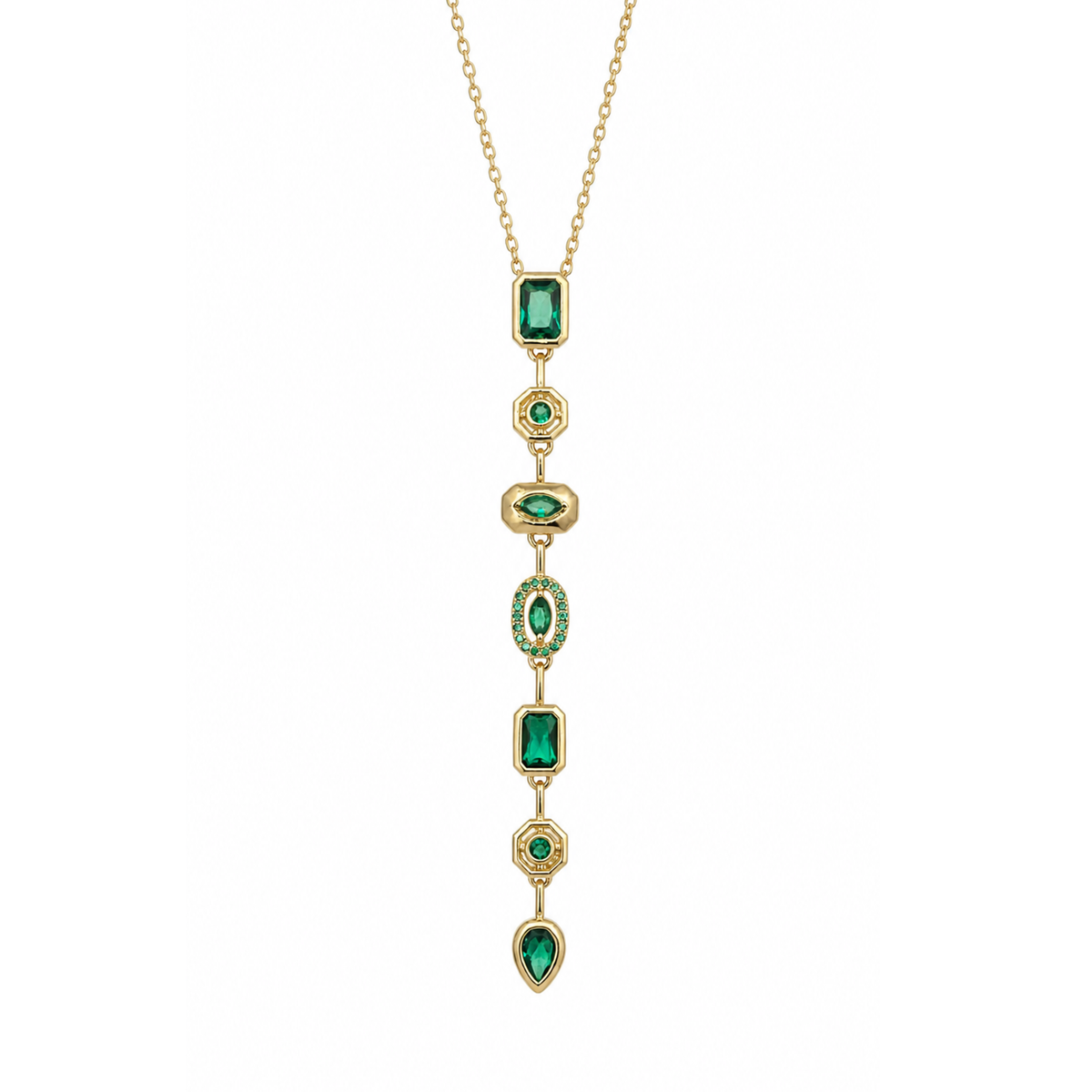 Emerald Elegance: Gold-Plated Asymmetrical Drop Pendant Necklace