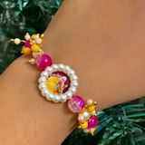 Guru Ji Divine Swaroop Pearl Bracelet with Vibrant Pink Crackle Beads