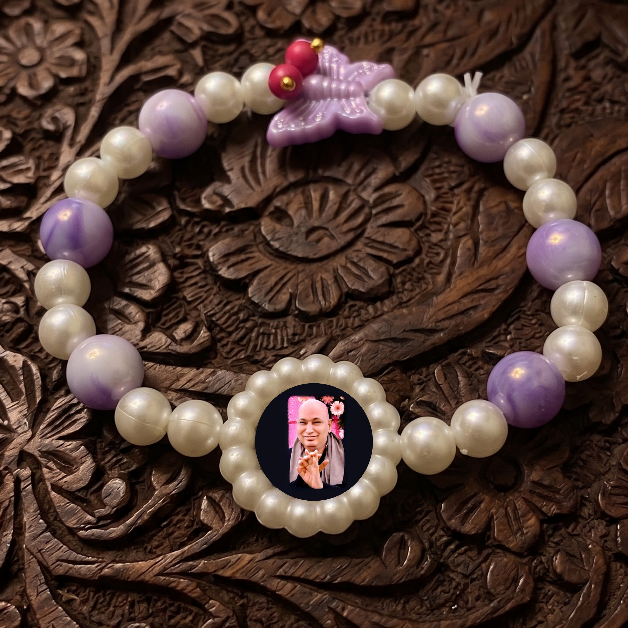 Spiritual Elegance: Lavender Marbled Bead & Pearl Rakhi Bracelet with Divine Guruji Centerpiece