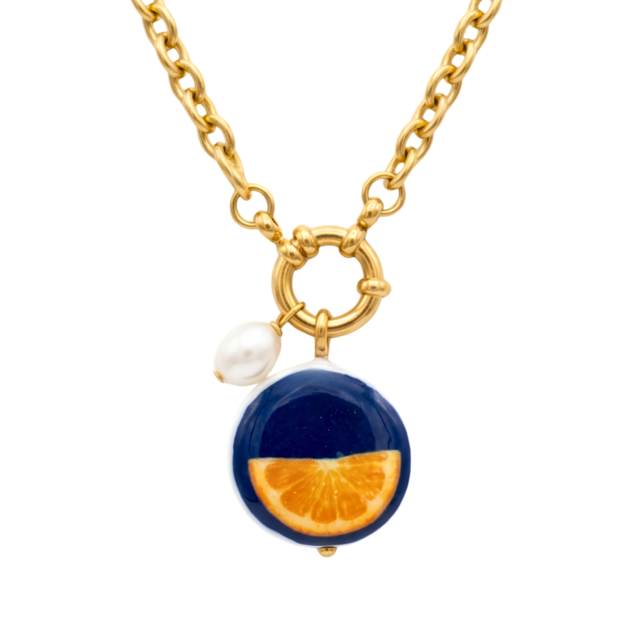 Ceramic Orange Slice Medallion Necklace in PVD Real Gold Plated Stainless Steel