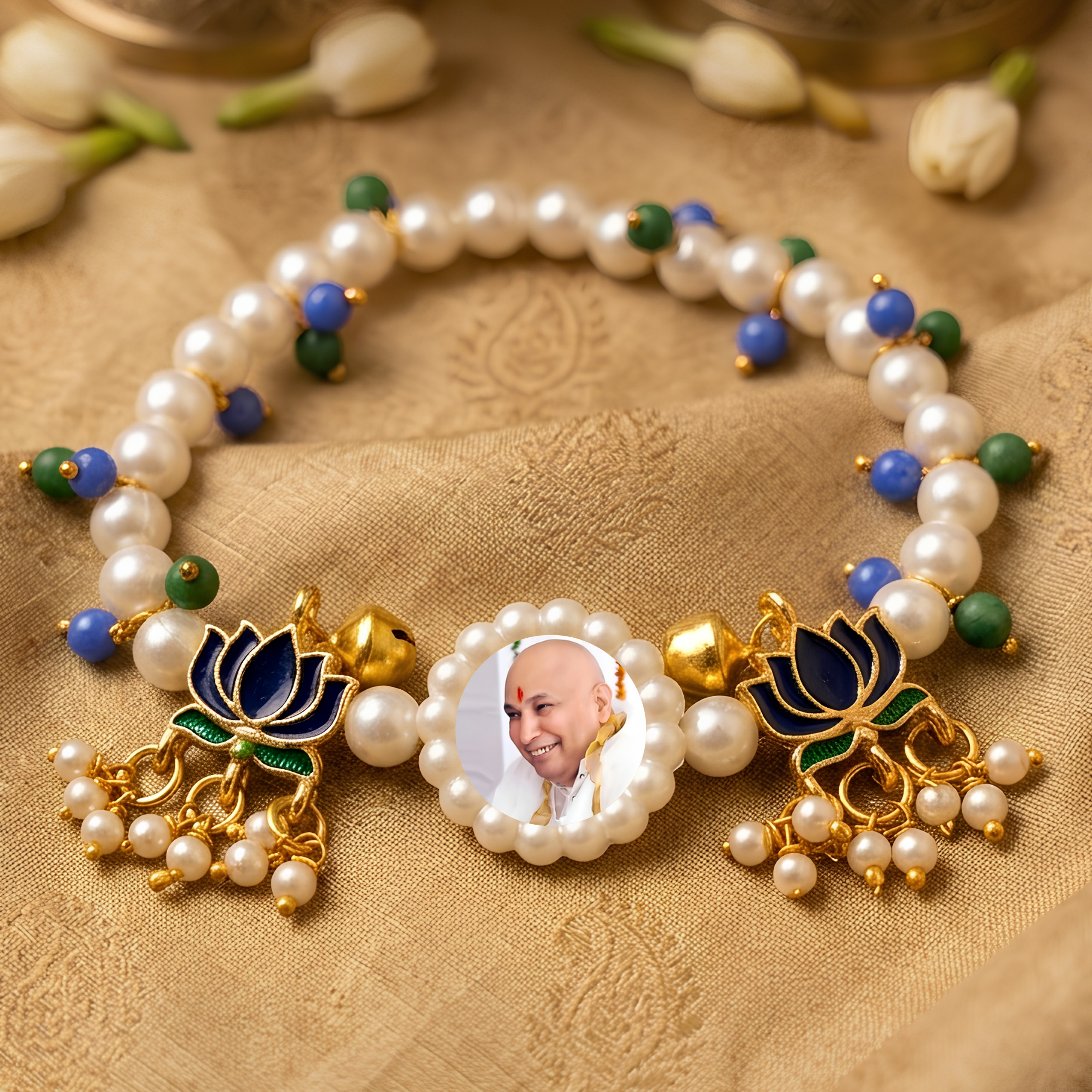 Divine Grace Pearl Rakhi Bracelet – Elegant Devotional Wristwear with Enamel Lotus Elements