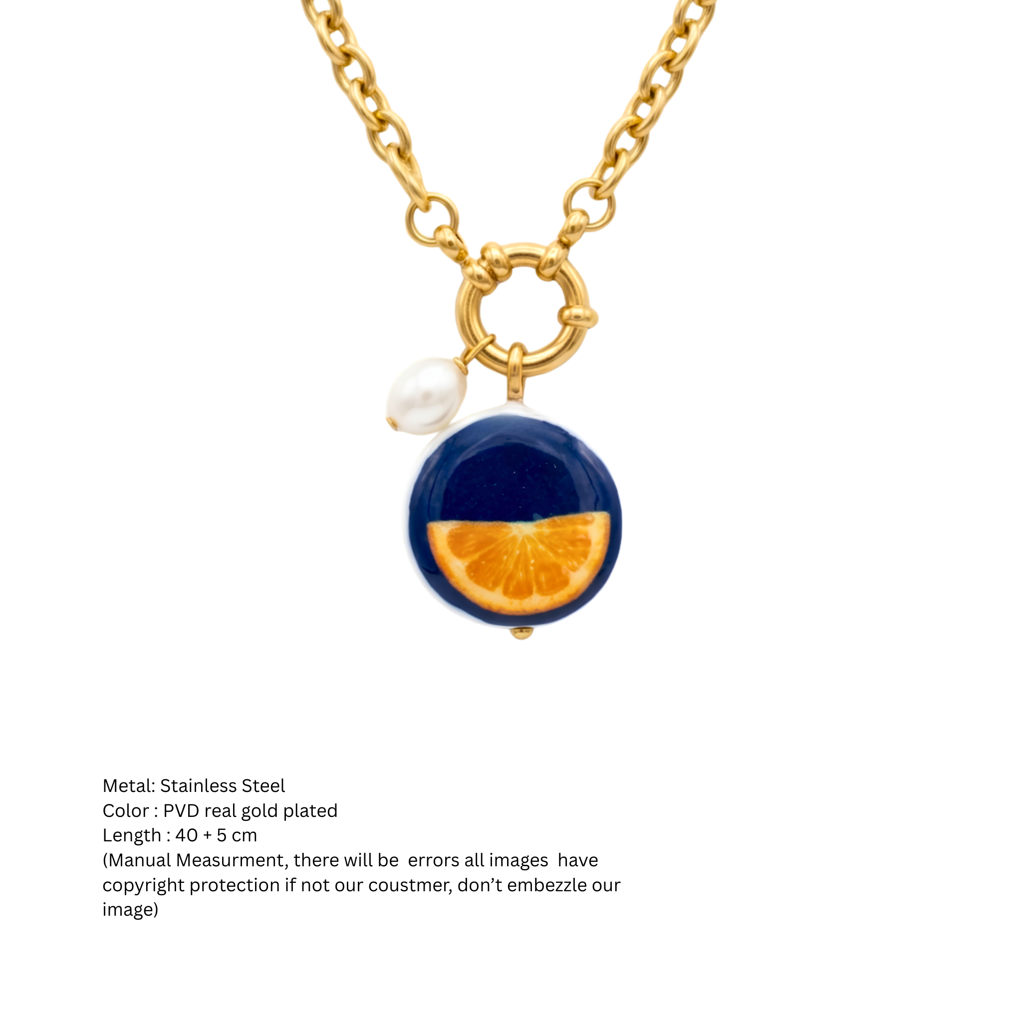 Ceramic Orange Slice Medallion Necklace in PVD Real Gold Plated Stainless Steel