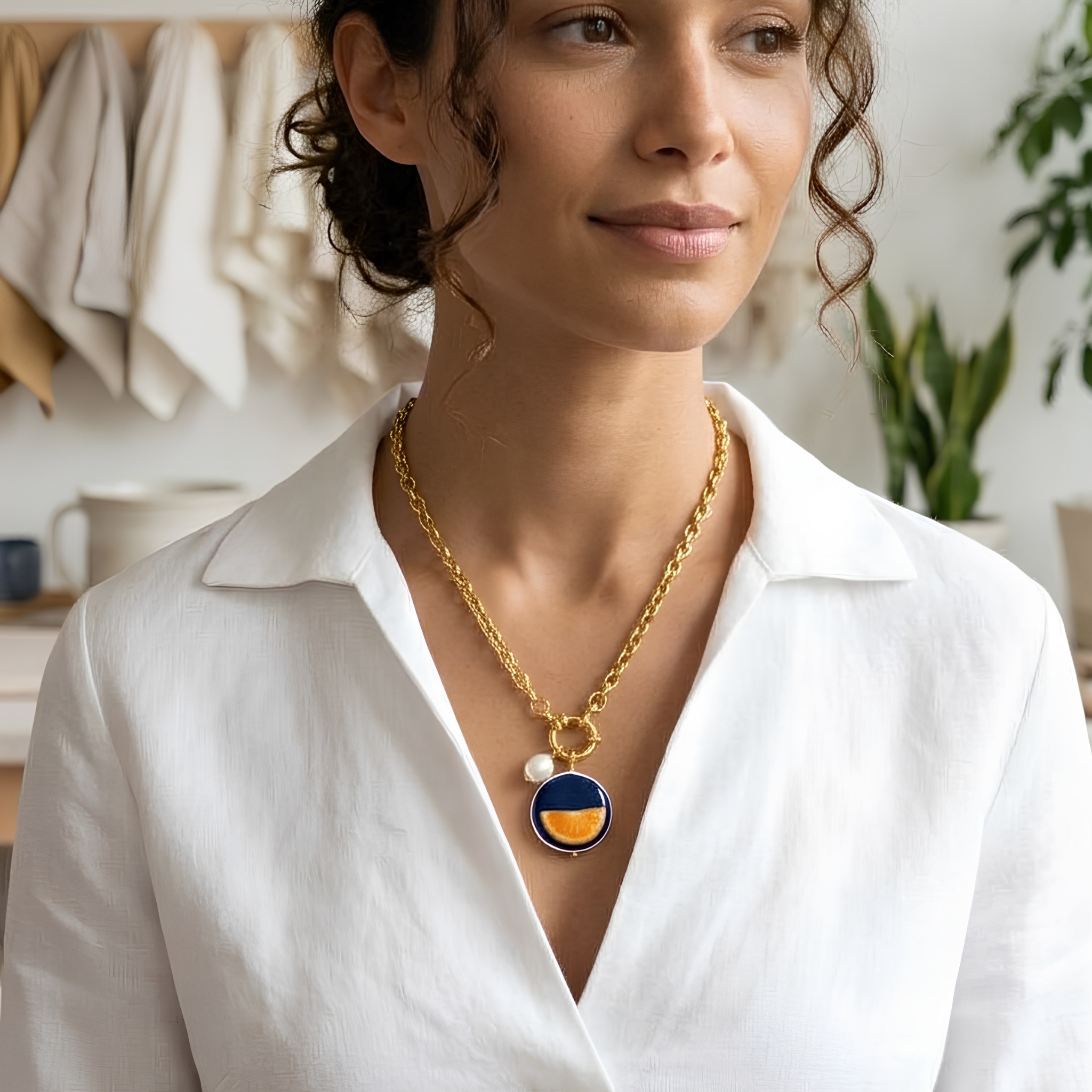Ceramic Orange Slice Medallion Necklace in PVD Real Gold Plated Stainless Steel