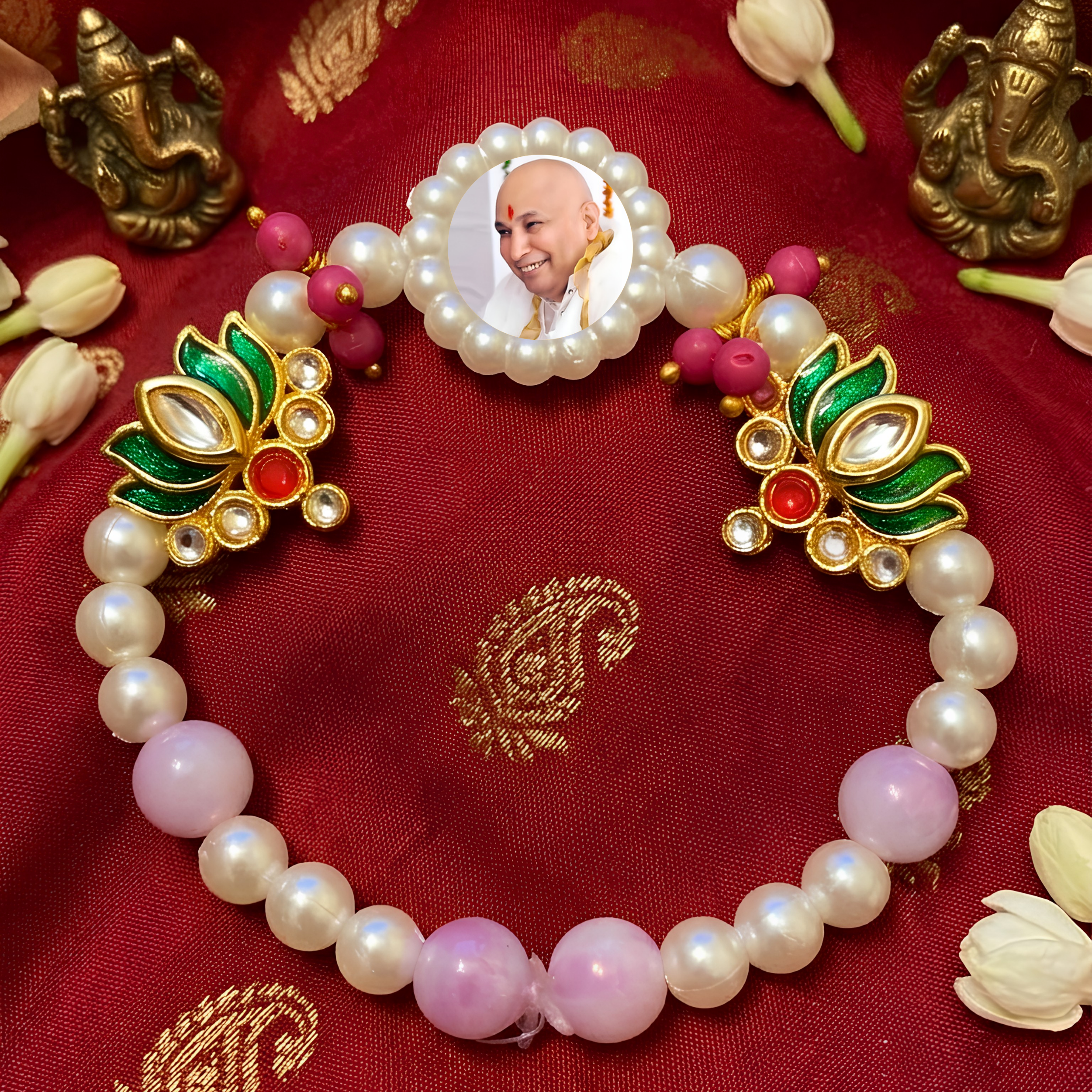 Sacred Blossom Pearl Devotional Bracelet – Elegant Handcrafted Wristwear with Enamel Lotus Motifs & Rose-Tinted Accents