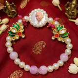 Sacred Blossom Pearl Devotional Bracelet – Elegant Handcrafted Wristwear with Enamel Lotus Motifs & Rose-Tinted Accents