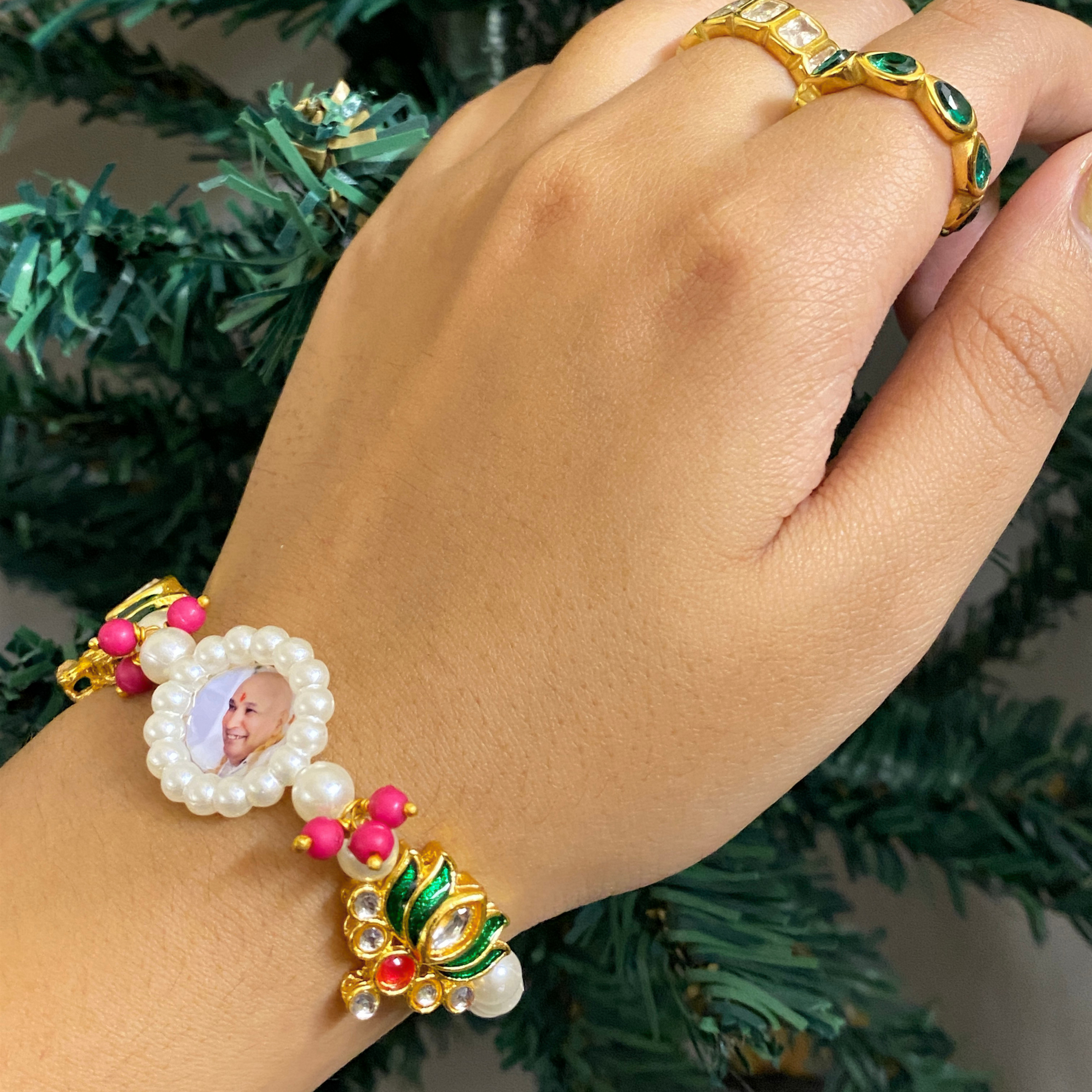 Sacred Blossom Pearl Devotional Bracelet – Elegant Handcrafted Wristwear with Enamel Lotus Motifs & Rose-Tinted Accents