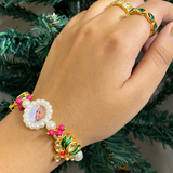 Sacred Blossom Pearl Devotional Bracelet – Elegant Handcrafted Wristwear with Enamel Lotus Motifs & Rose-Tinted Accents
