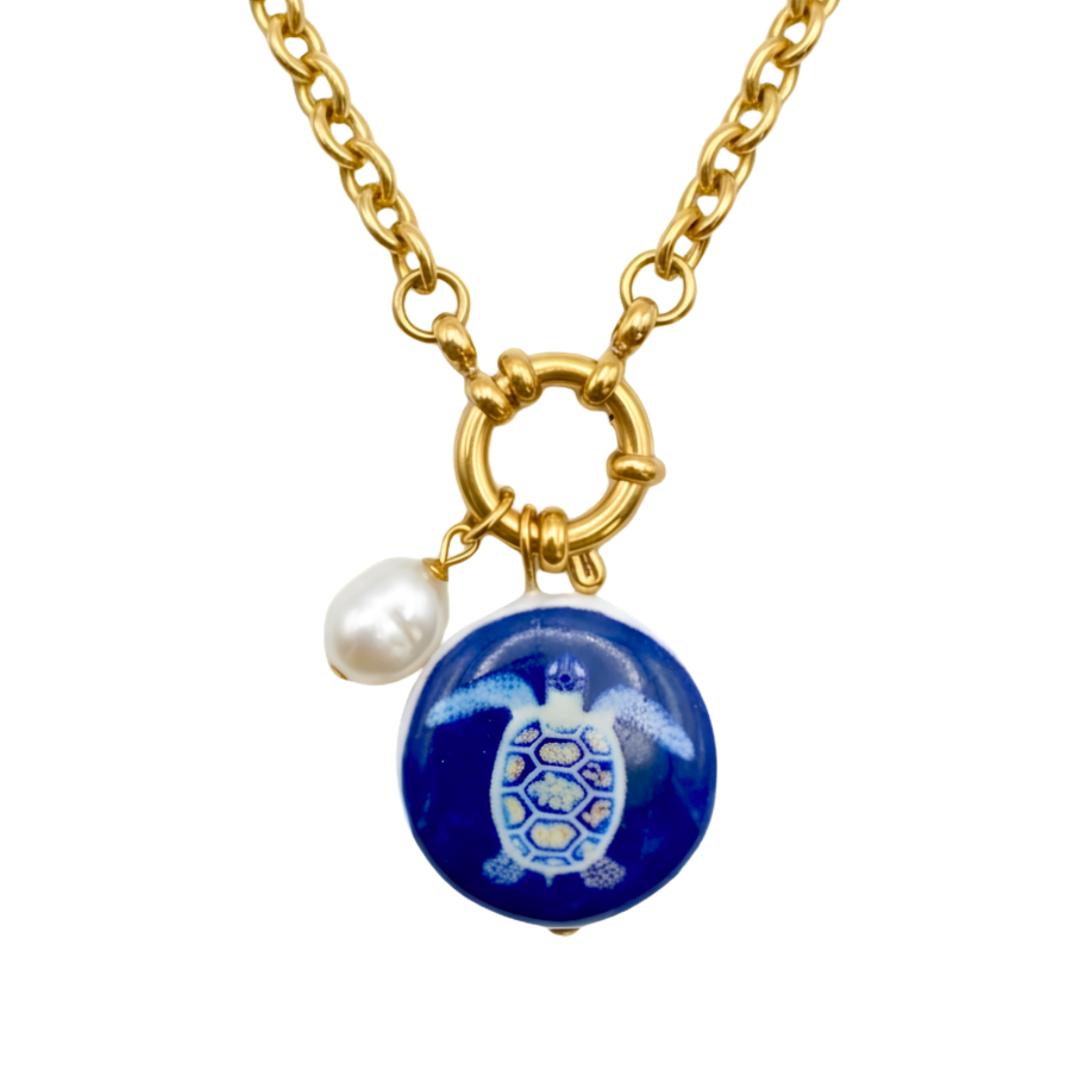 Ocean Sea Turtle Pearl & Royal Blue Medallion Pendant Necklace