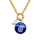 Ocean Sea Turtle Pearl & Royal Blue Medallion Pendant Necklace