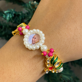 Sacred Blossom Pearl Devotional Bracelet – Elegant Handcrafted Wristwear with Enamel Lotus Motifs & Rose-Tinted Accents