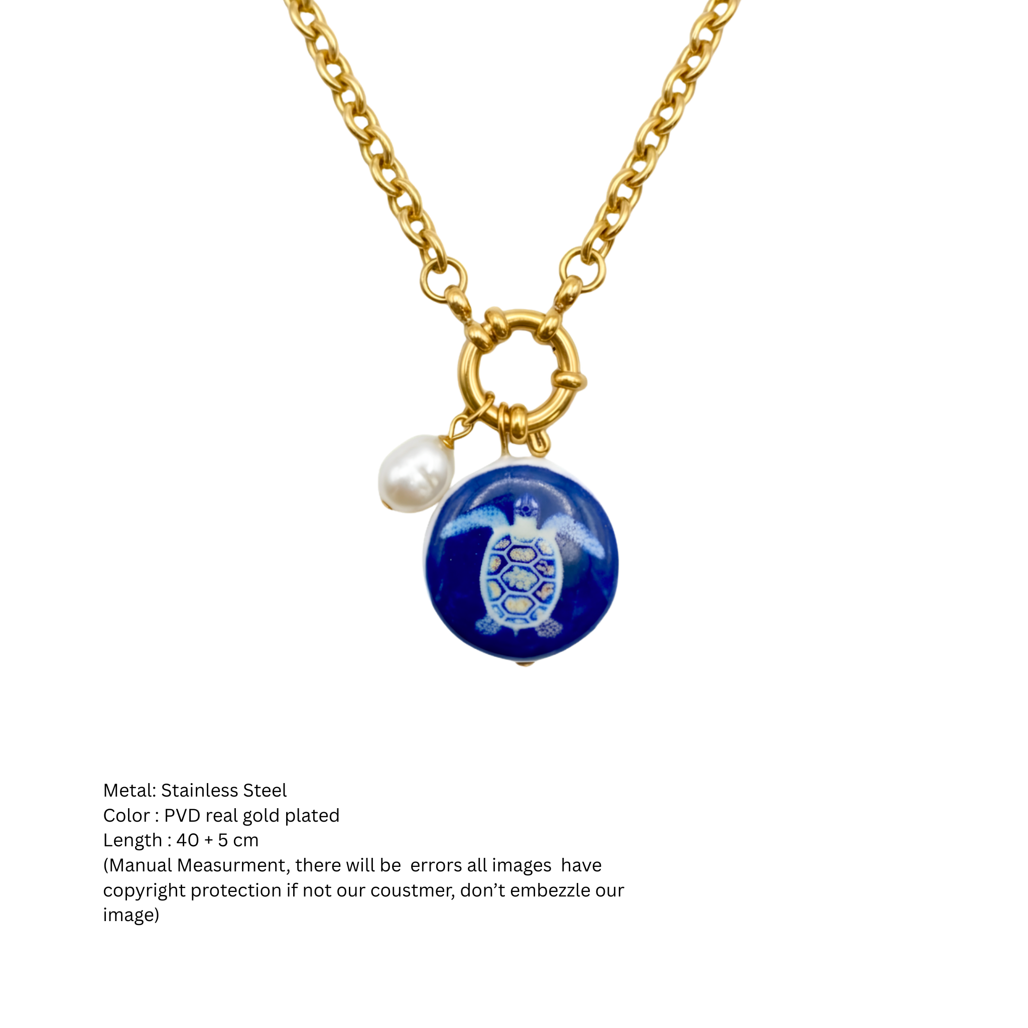 Ocean Sea Turtle Pearl & Royal Blue Medallion Pendant Necklace