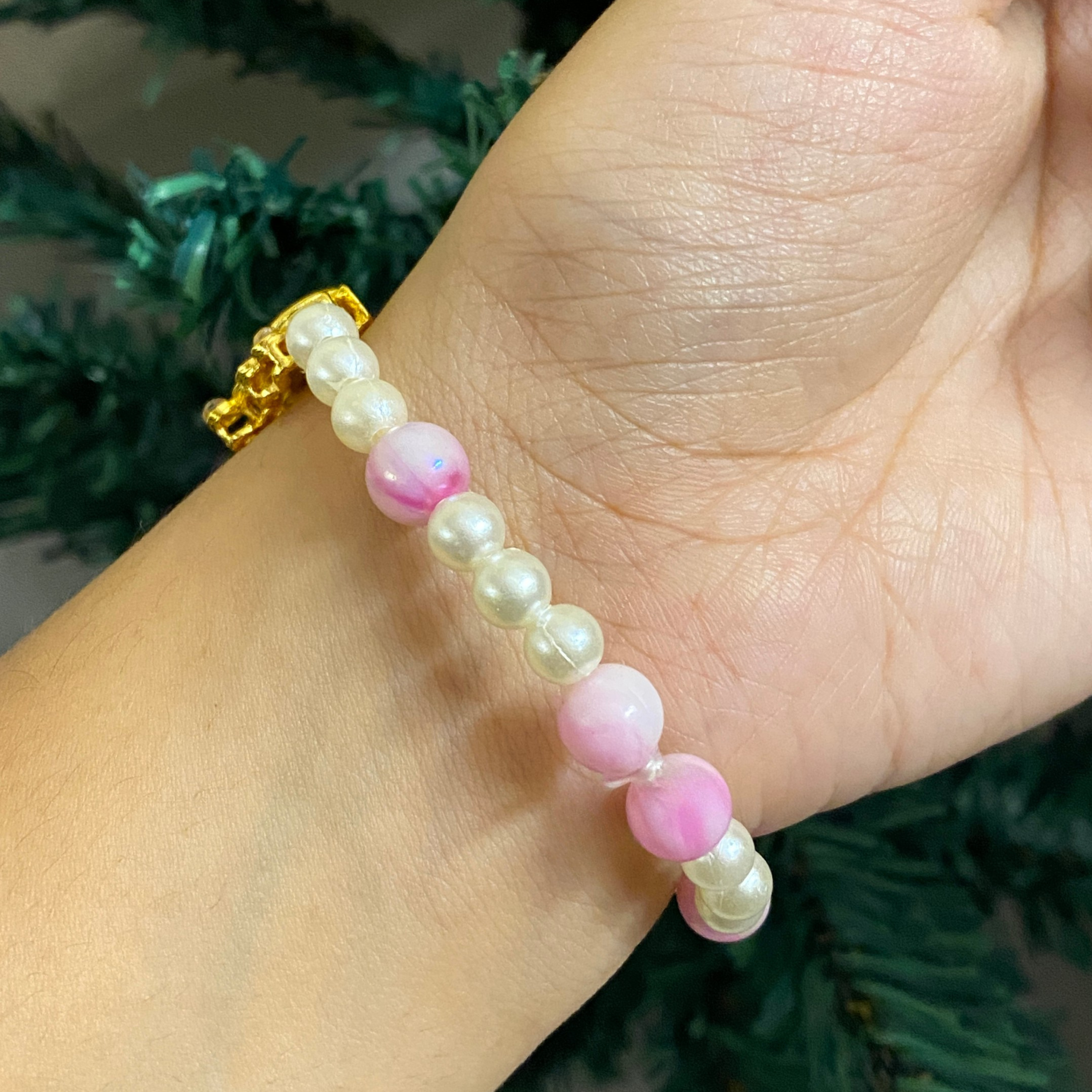 Sacred Blossom Pearl Devotional Bracelet – Elegant Handcrafted Wristwear with Enamel Lotus Motifs & Rose-Tinted Accents