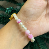 Sacred Blossom Pearl Devotional Bracelet – Elegant Handcrafted Wristwear with Enamel Lotus Motifs & Rose-Tinted Accents