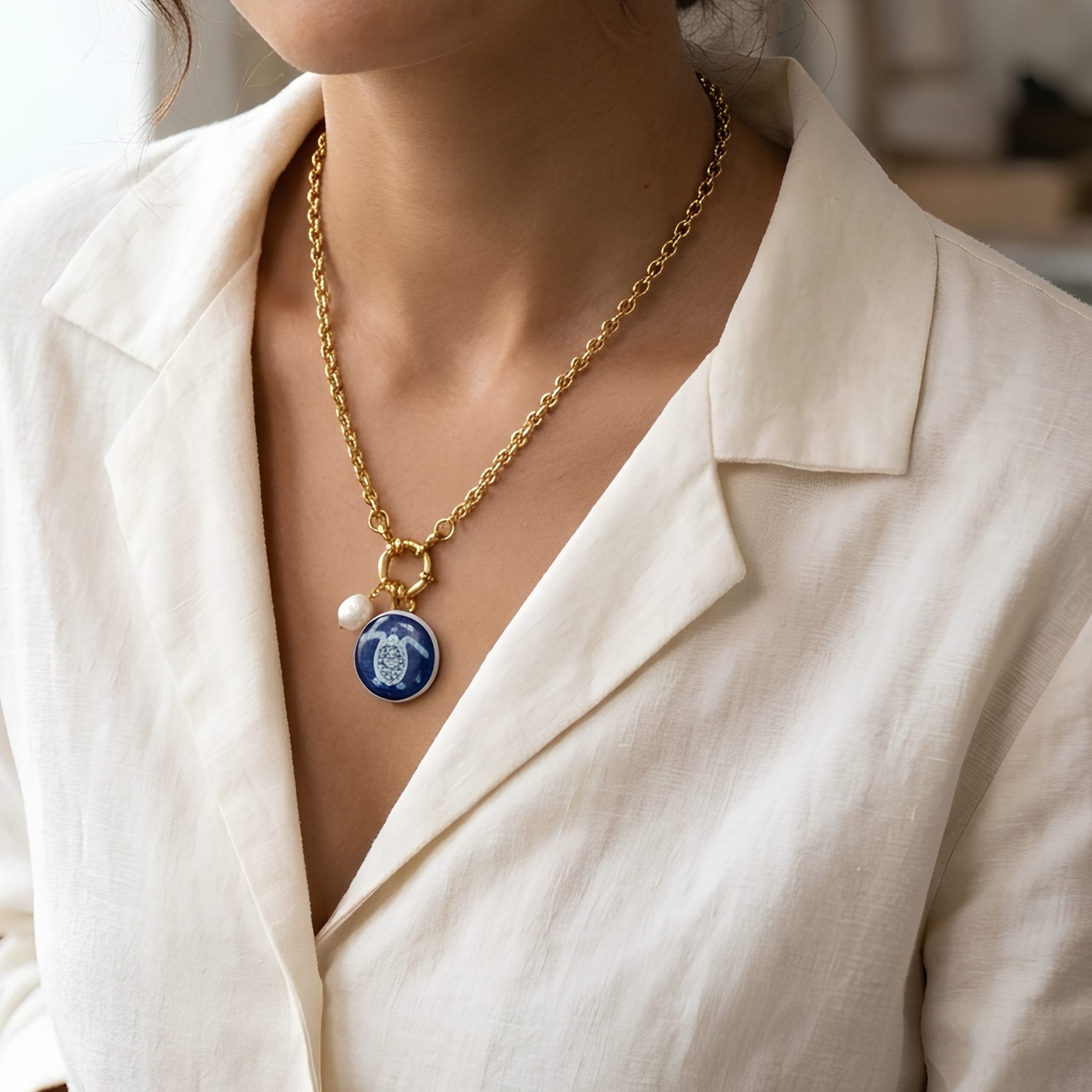 Ocean Sea Turtle Pearl & Royal Blue Medallion Pendant Necklace