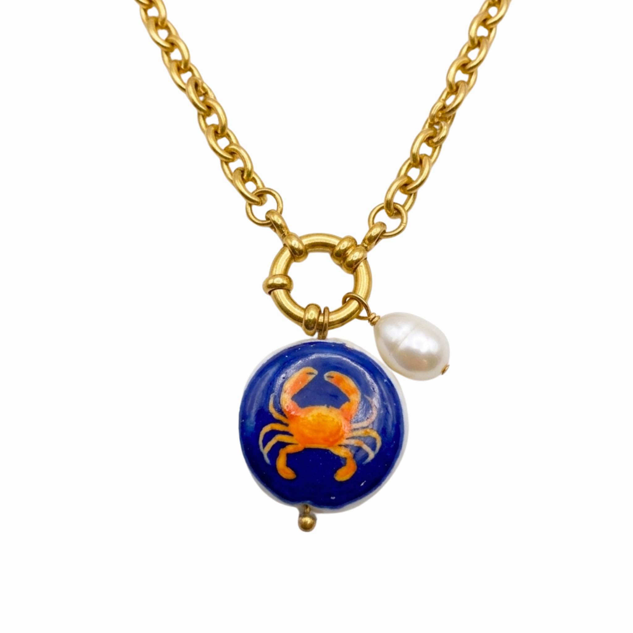 Ocean Crab Pearl & Royal Blue Medallion Pendant Necklace