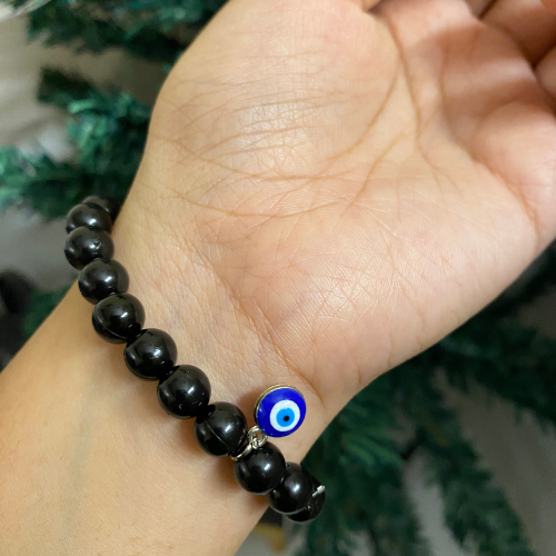 Protective Black Onyx & Evil Eye Guru Bracelet – Handcrafted Oval Photo Locket Mala