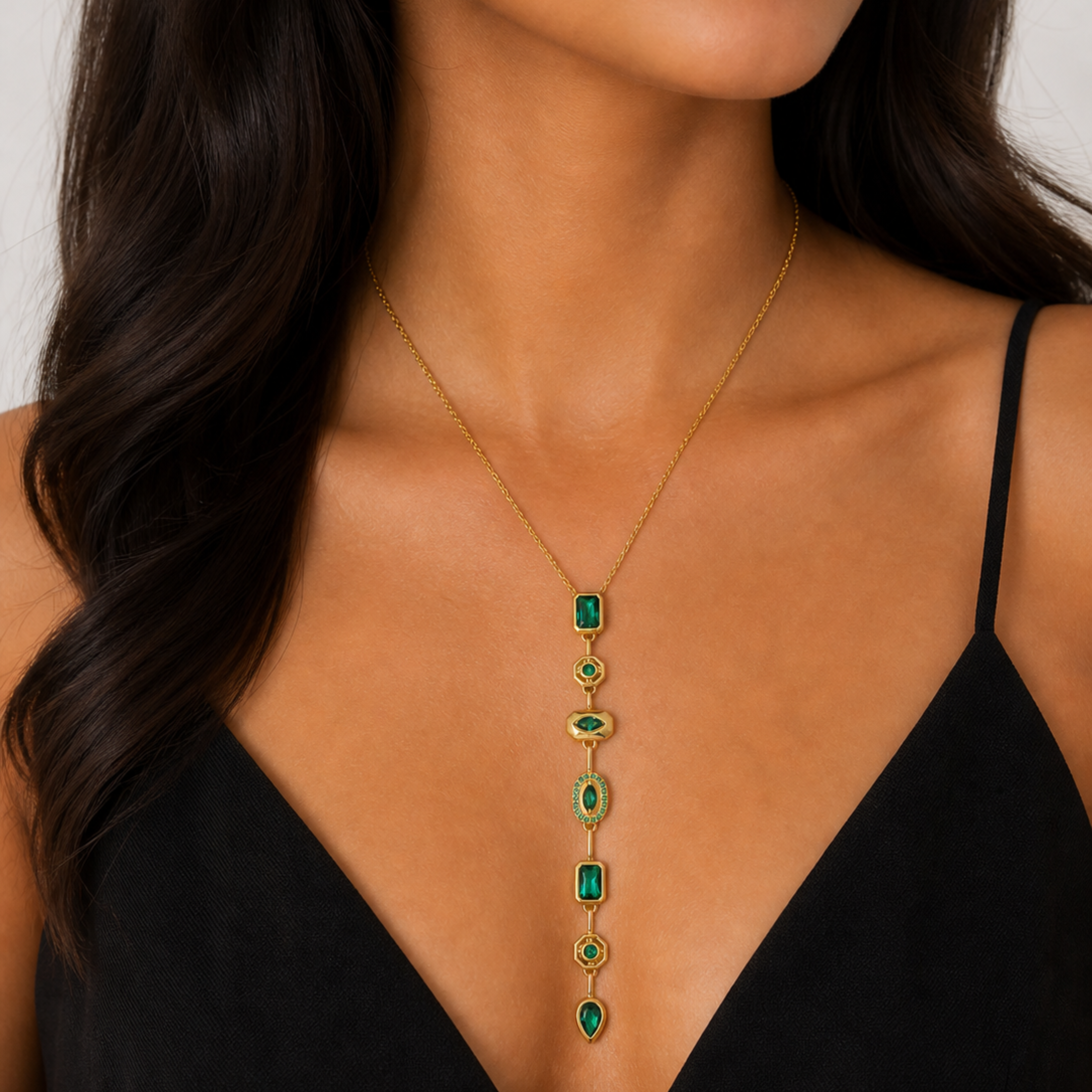 Emerald Elegance: Gold-Plated Asymmetrical Drop Pendant Necklace