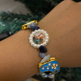 Devotional Guruji Photo Pearl Bracelet – Meenakari Peacock & Gemstone Stretch Bracelet