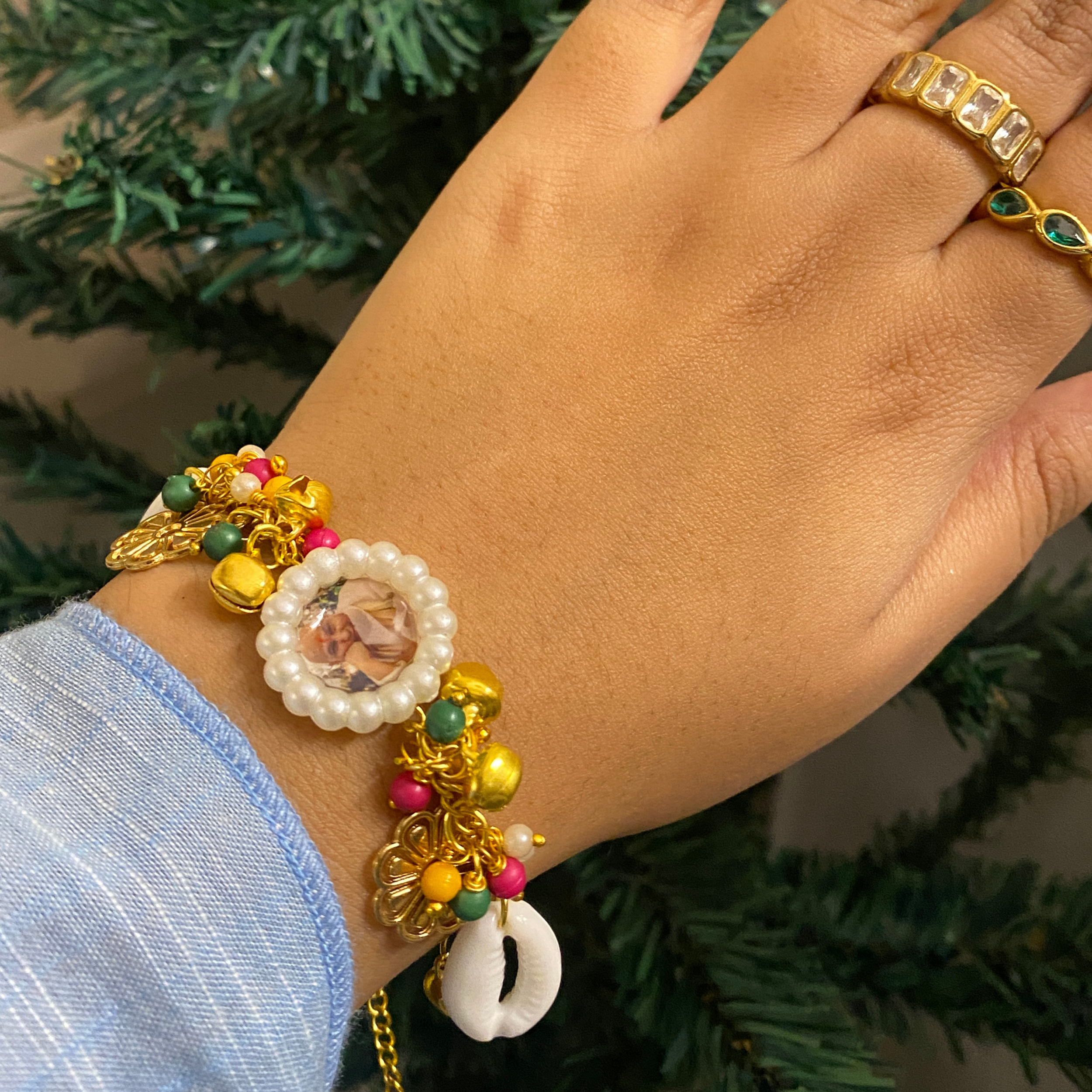 Sacred Charm Devotional Bracelet with Photo Pendant and Cowrie Shells