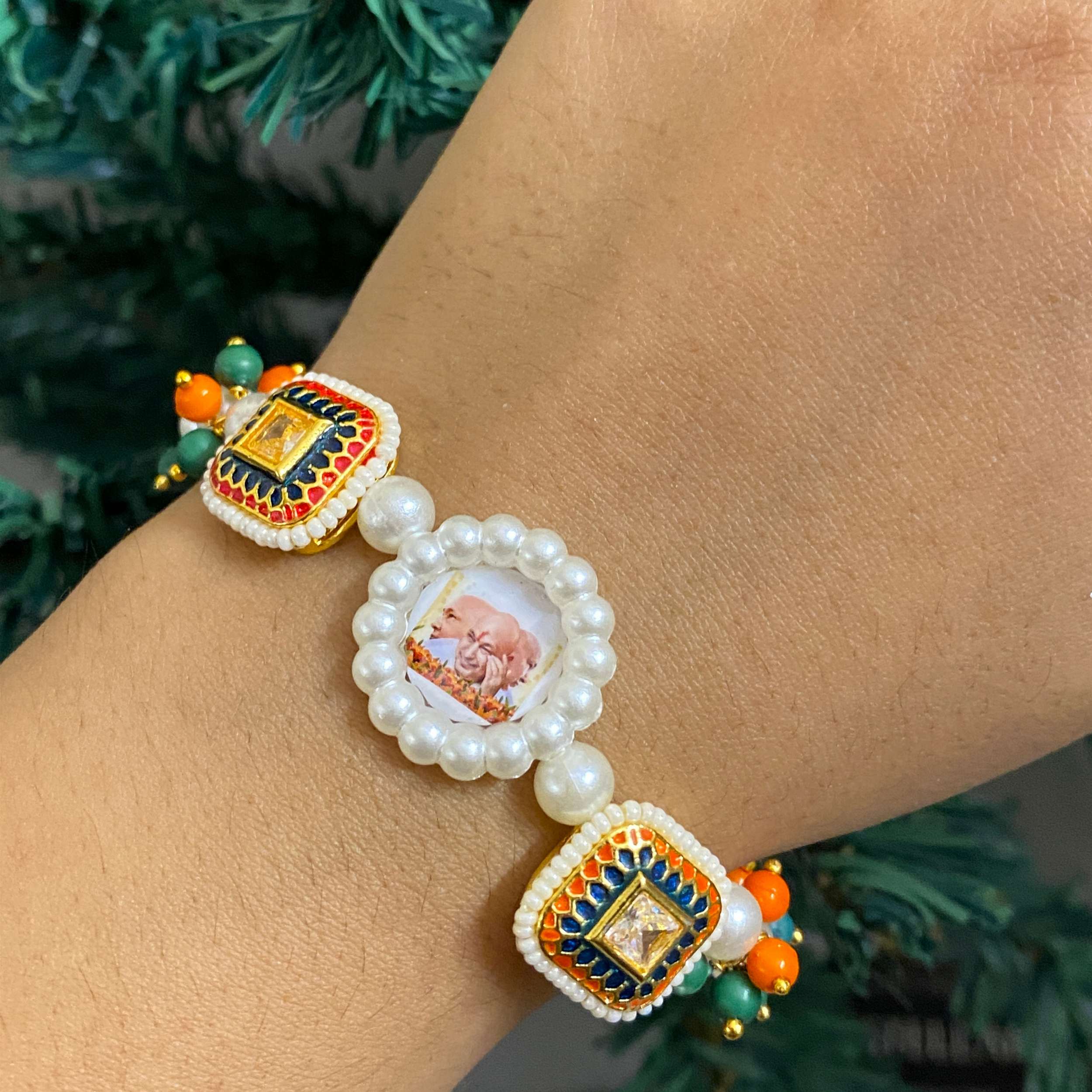 Sacred Embrace Devotional Bracelet – Handcrafted Pearl Wristwear with Meenakari Art Blessing