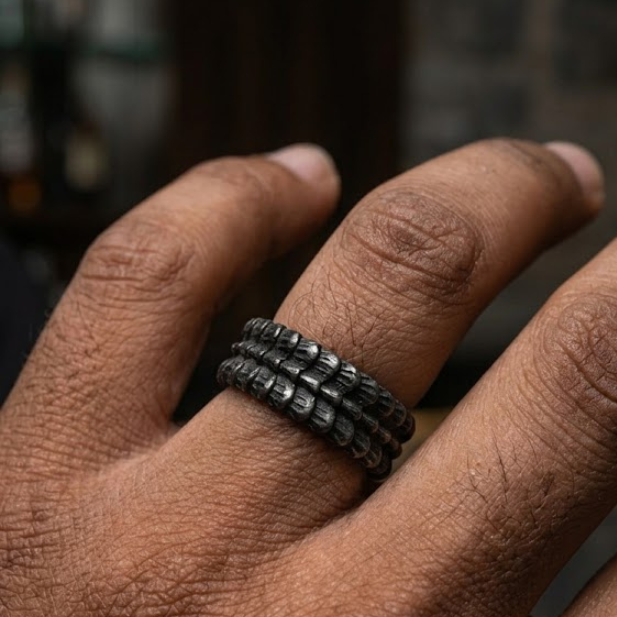 Mythic Dragon Scale Textured Band Ring – Antique Sterling Silver Finish