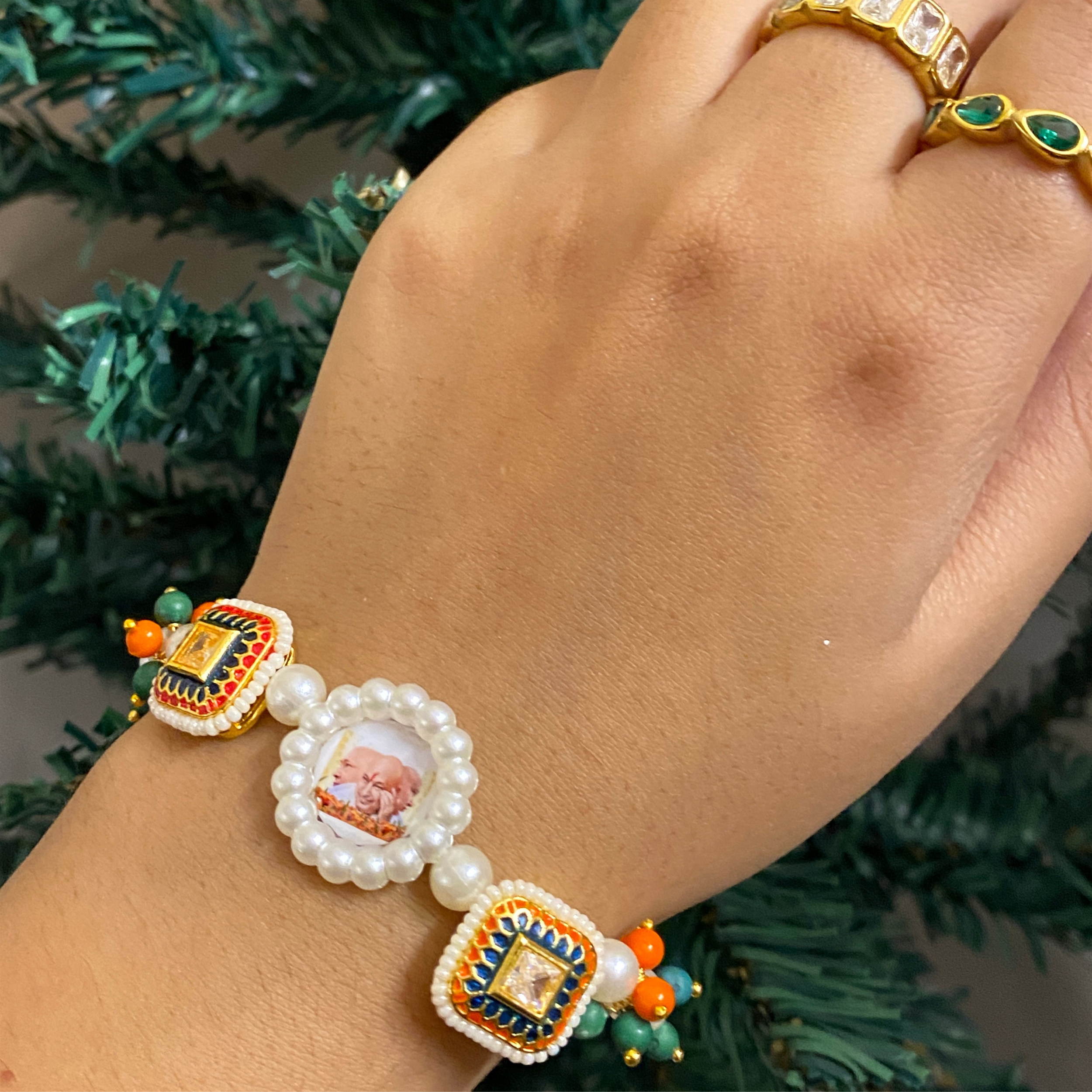 Sacred Embrace Devotional Bracelet – Handcrafted Pearl Wristwear with Meenakari Art Blessing
