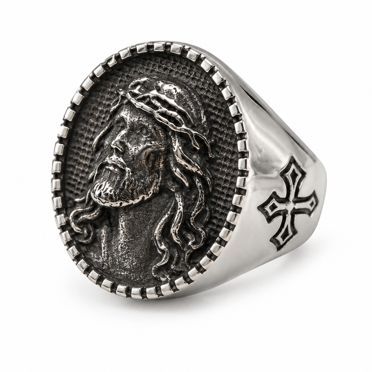 Jesus Christ Crown of Thorns Oval Signet Ring – Antique Silver Religious Cross Band
