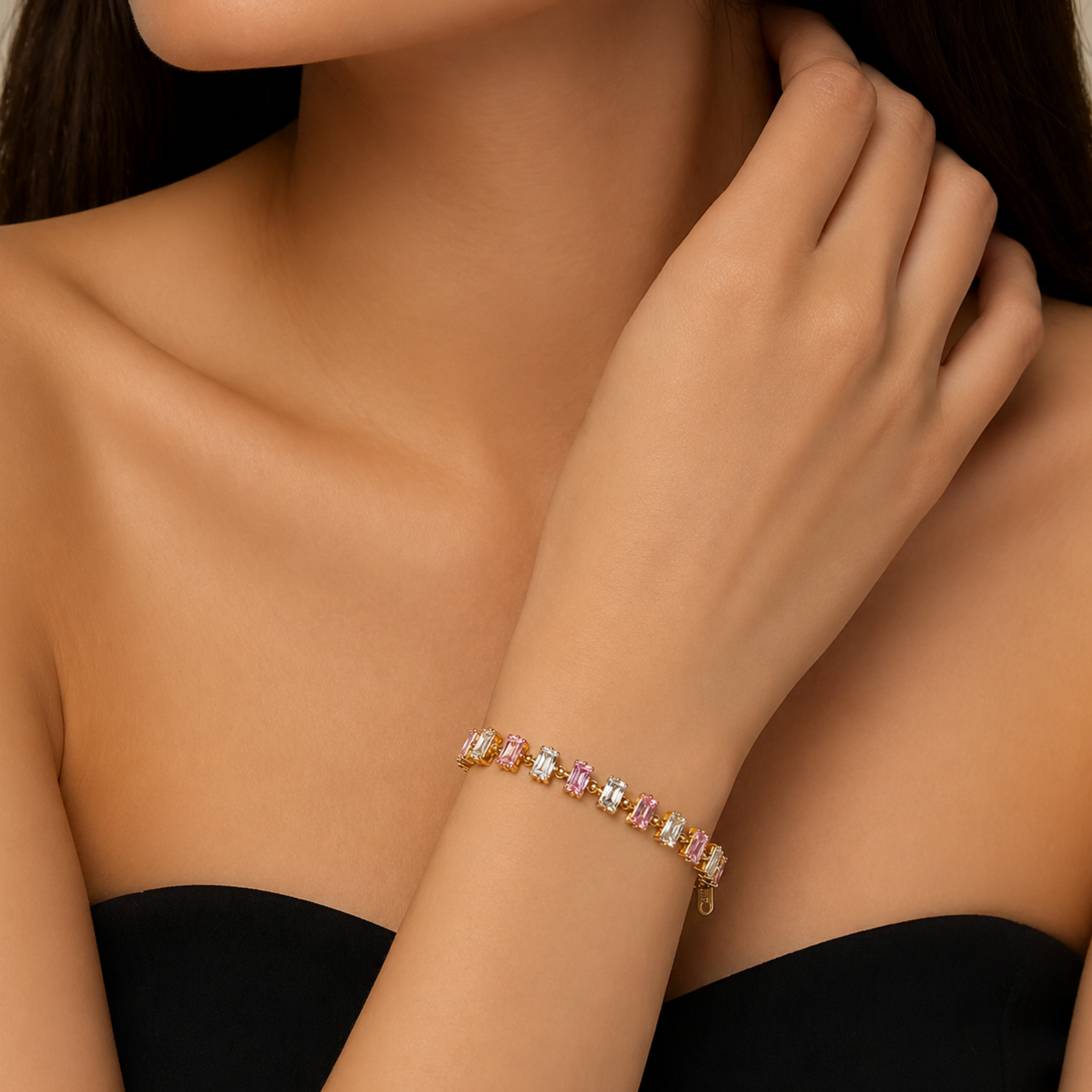 Gold-Plated Blush and Crystal Baguette Tennis Bracelet