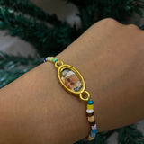 Devotional Guruji Photo Charm Bracelet – Multi-Color Seed Beads with Evil Eye Protection Pendant