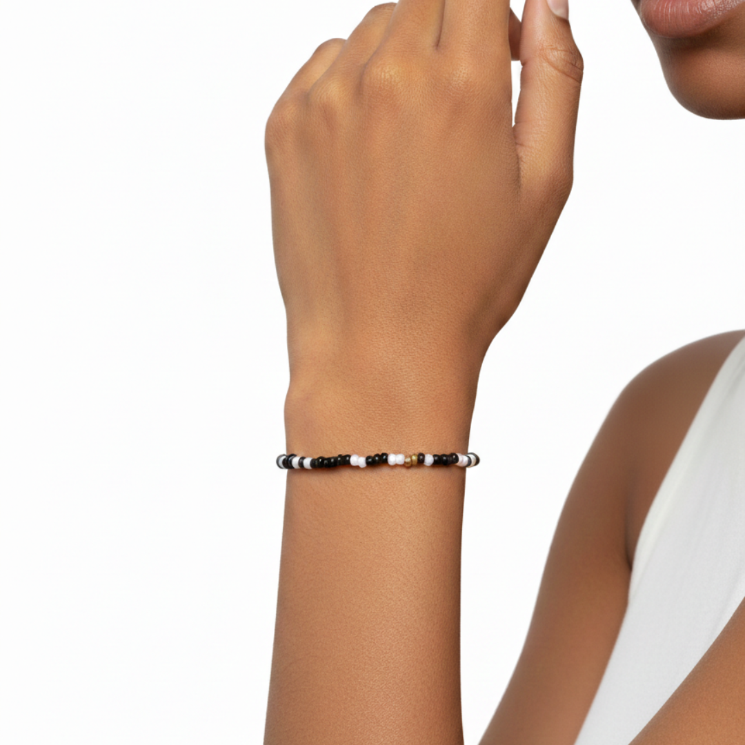 Monochrome Patterned Seed Bead Bracelet with Gold Accents