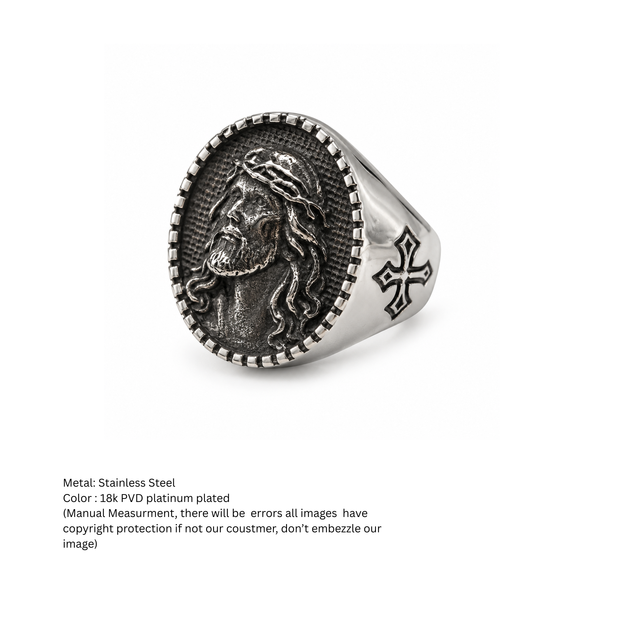 Jesus Christ Crown of Thorns Oval Signet Ring – Antique Silver Religious Cross Band