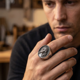 Jesus Christ Crown of Thorns Oval Signet Ring – Antique Silver Religious Cross Band