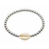 Silver-Tone High-Shine Beaded Bracelet with Natural Cowrie Shell