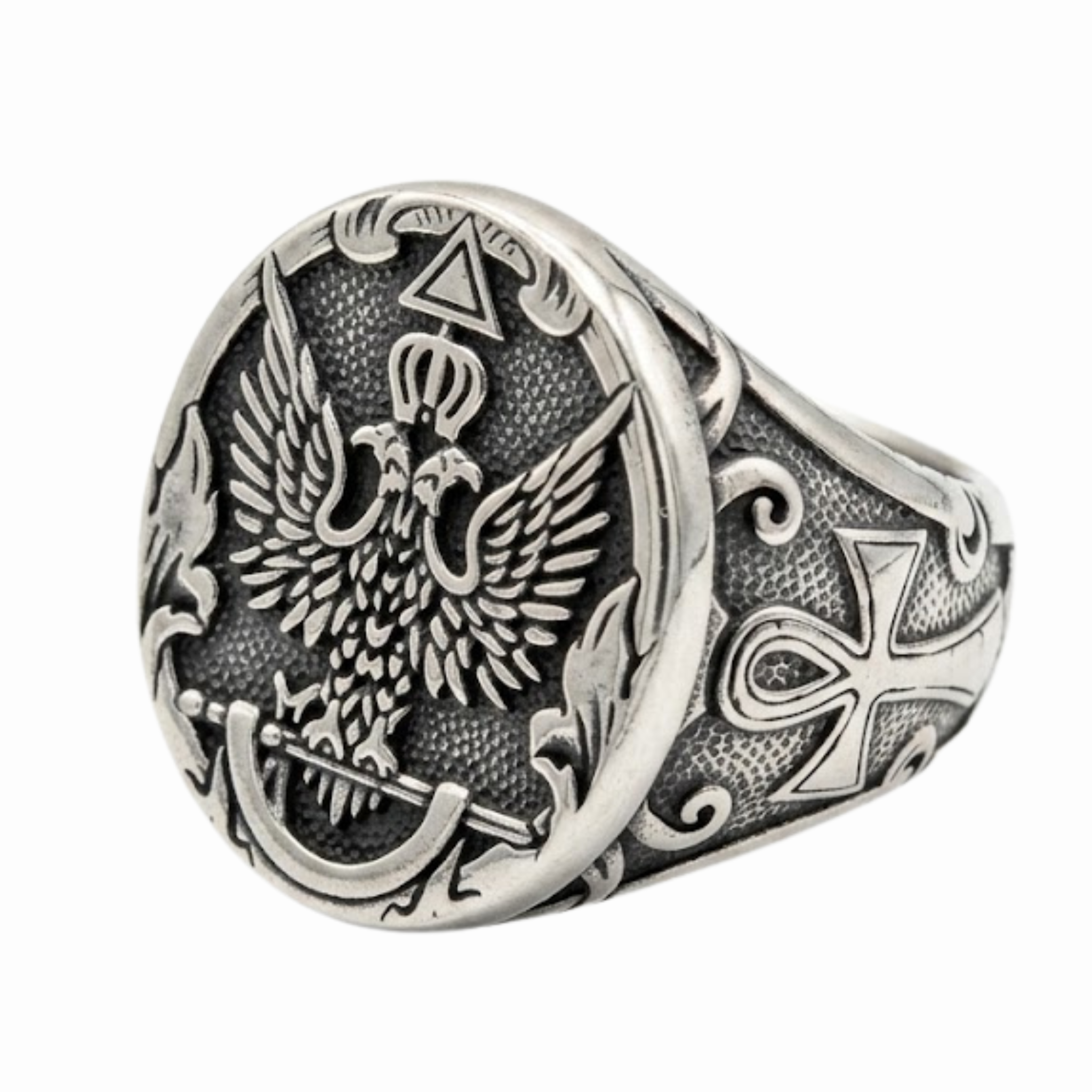 Double-Headed Eagle Signet Ring – Antique Silver Ankh Cross Heraldic Band