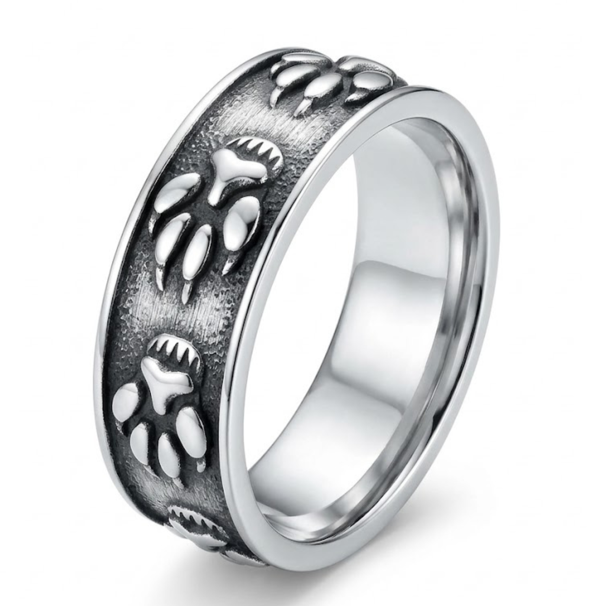 Wilderness Bear Paw Print Band Ring – Antique Silver Textured Animal Track Ring