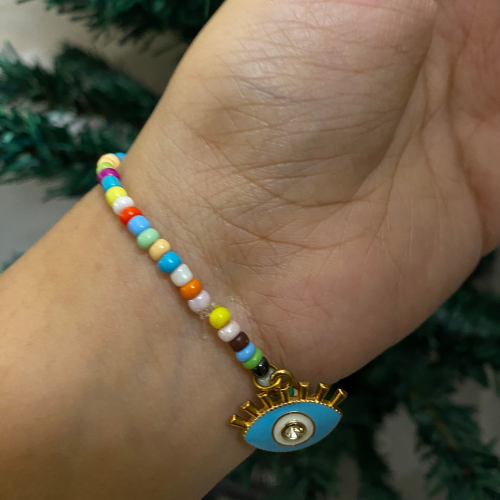 Devotional Guruji Photo Charm Bracelet – Multi-Color Seed Beads with Evil Eye Protection Pendant